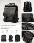 The Padova leather commuter backpack in black with twin-buckle flap