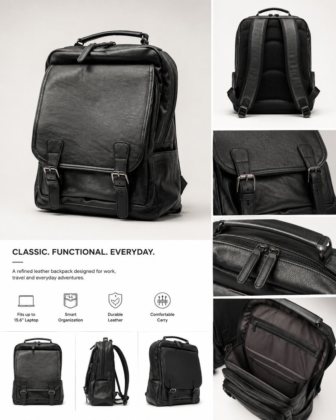 The Padova leather commuter backpack in black with twin-buckle flap