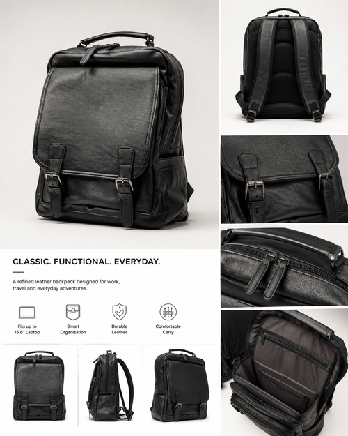 The Padova leather commuter backpack in black with twin-buckle flap