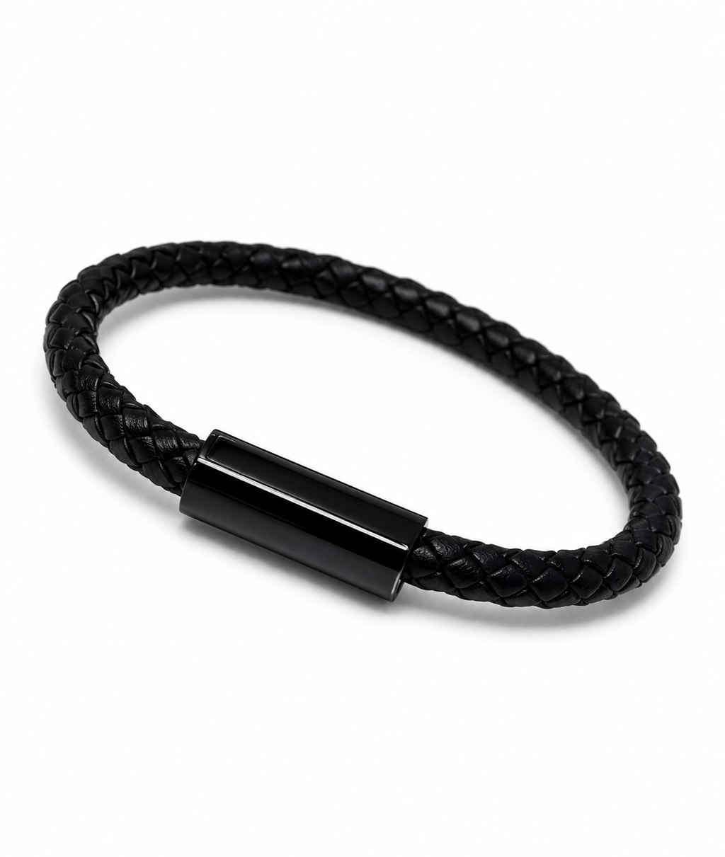 Barutti black braided full-grain leather bracelet with matte black stainless-steel magnetic clasp