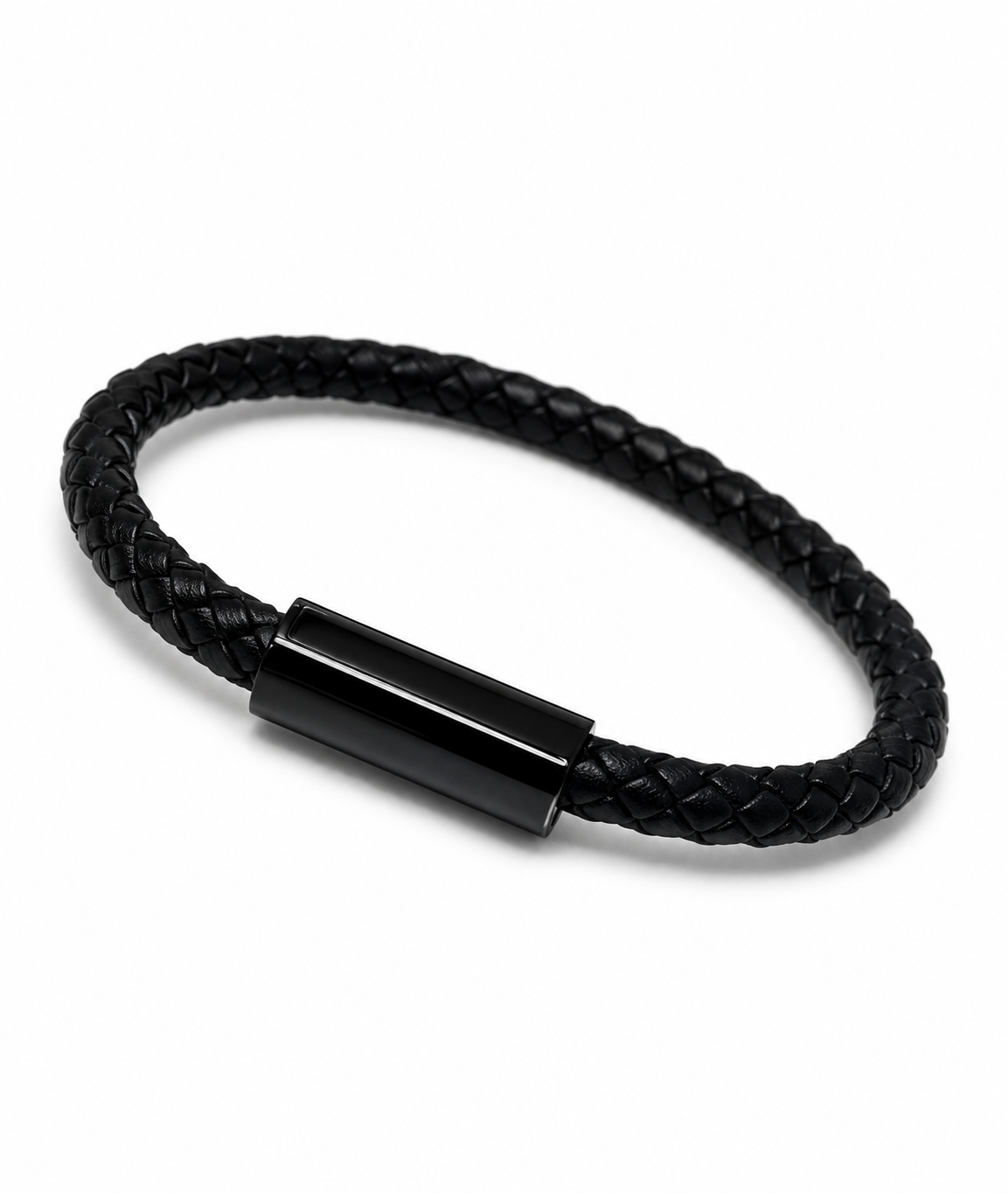 Barutti black braided full-grain leather bracelet with matte black stainless-steel magnetic clasp