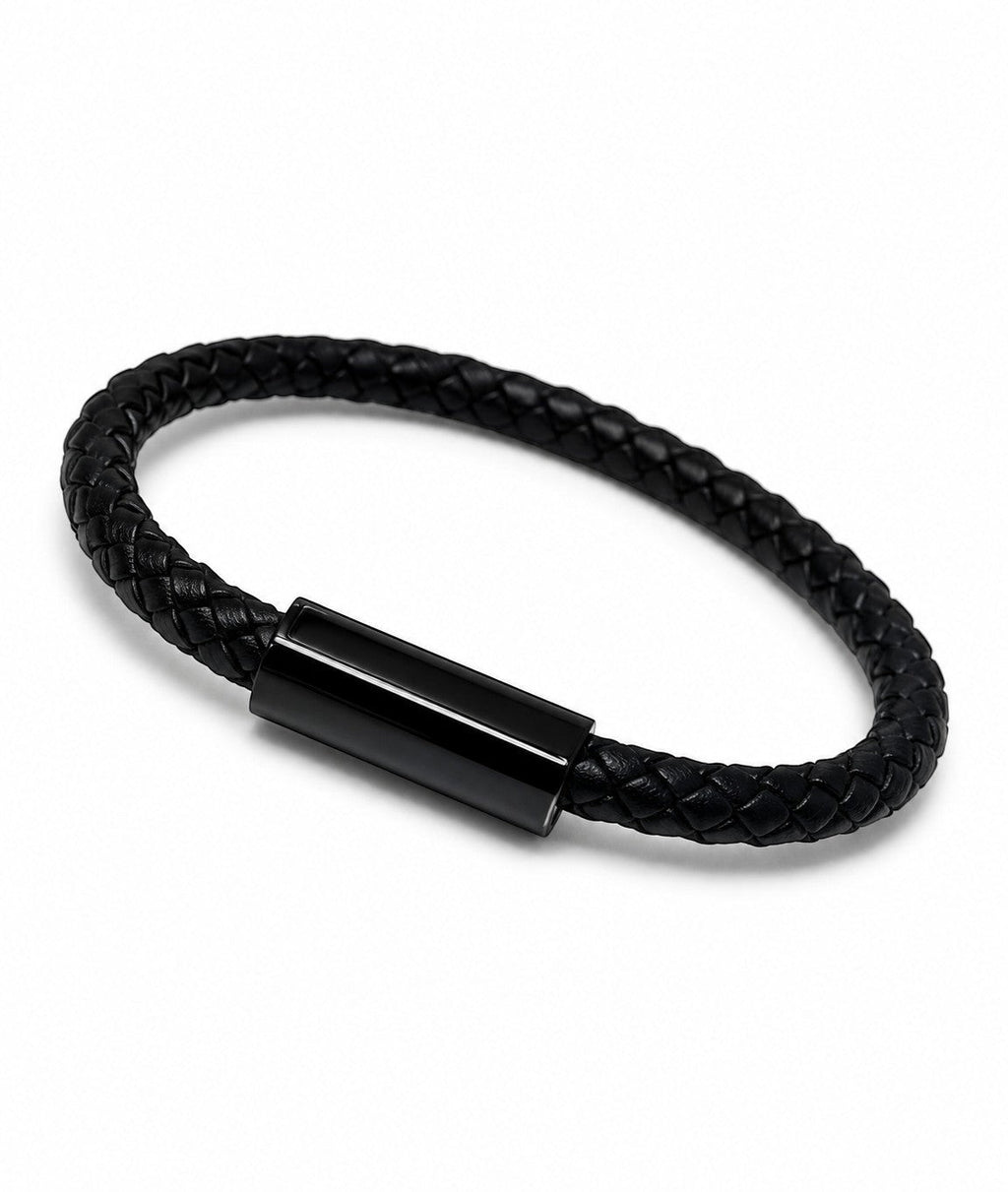 Barutti black braided full-grain leather bracelet with matte black stainless-steel magnetic clasp