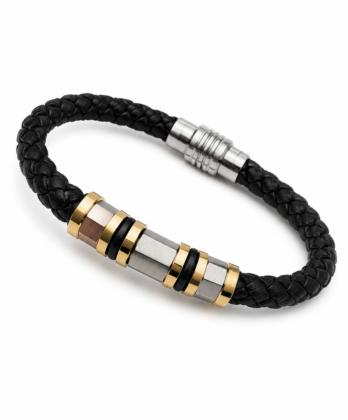 Barutti black braided leather bracelet with brushed steel and gold-tone accent and magnetic clasp