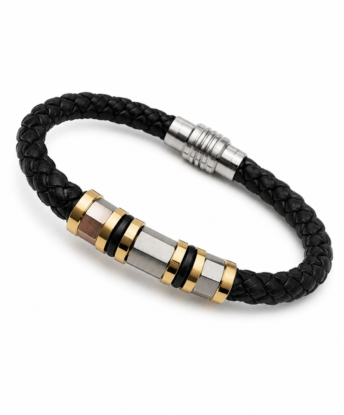 Barutti black braided leather bracelet with brushed steel and gold-tone accent and magnetic clasp