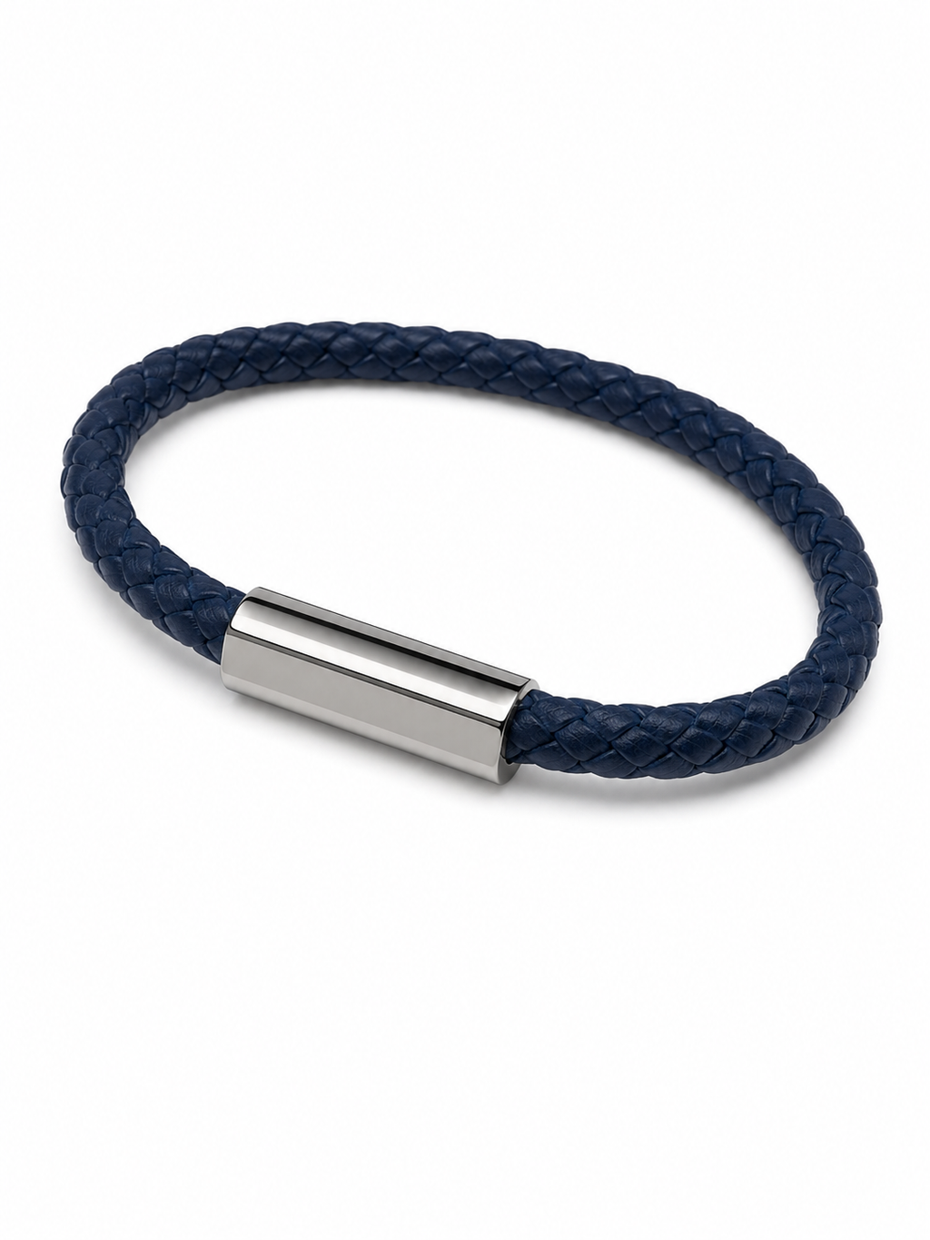 Barutti navy braided full-grain leather bracelet with polished stainless-steel magnetic clasp