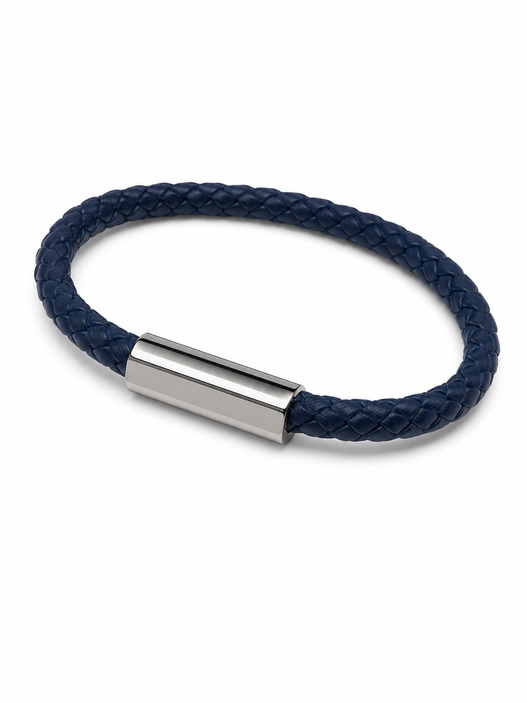 Barutti navy braided full-grain leather bracelet with polished stainless-steel magnetic clasp
