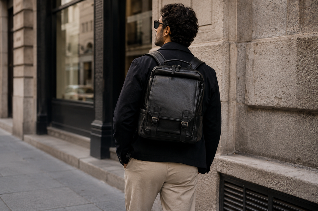 The Padova leather backpack interior showing padded laptop sleeve