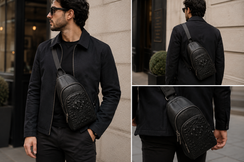 The Bergamo leather sling bag detail of crocodile-embossed front panel