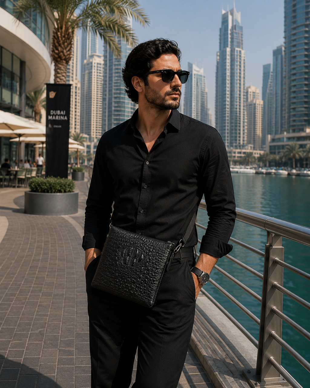 The Coccodrillo leather crossbody bag in black, detail view of the crocodile emboss