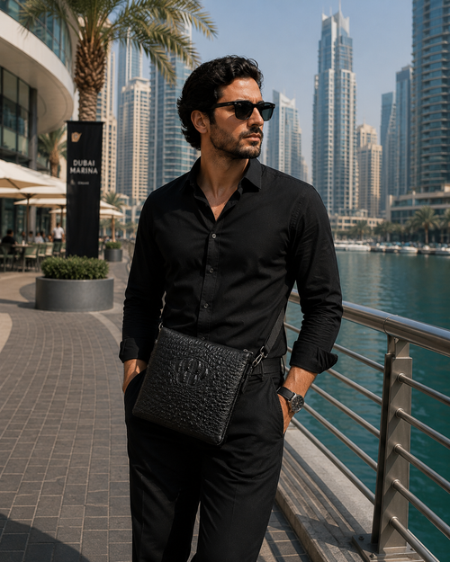The Coccodrillo leather crossbody bag in black, detail view of the crocodile emboss