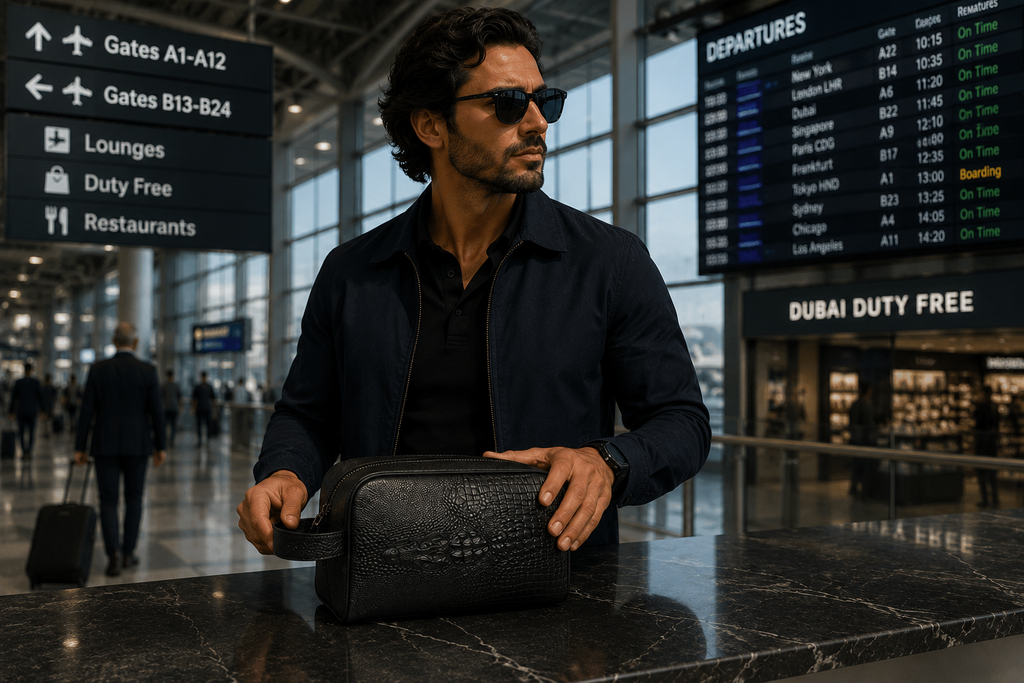 The Roma leather dopp kit shown open with wipeable lining