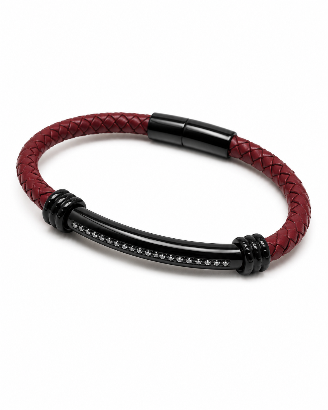 Barutti red braided full-grain leather bracelet with black stainless-steel ID bar