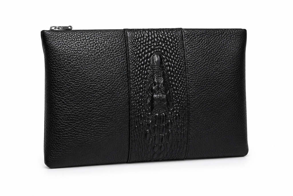 The Milano crocodile-embossed leather zip clutch in black