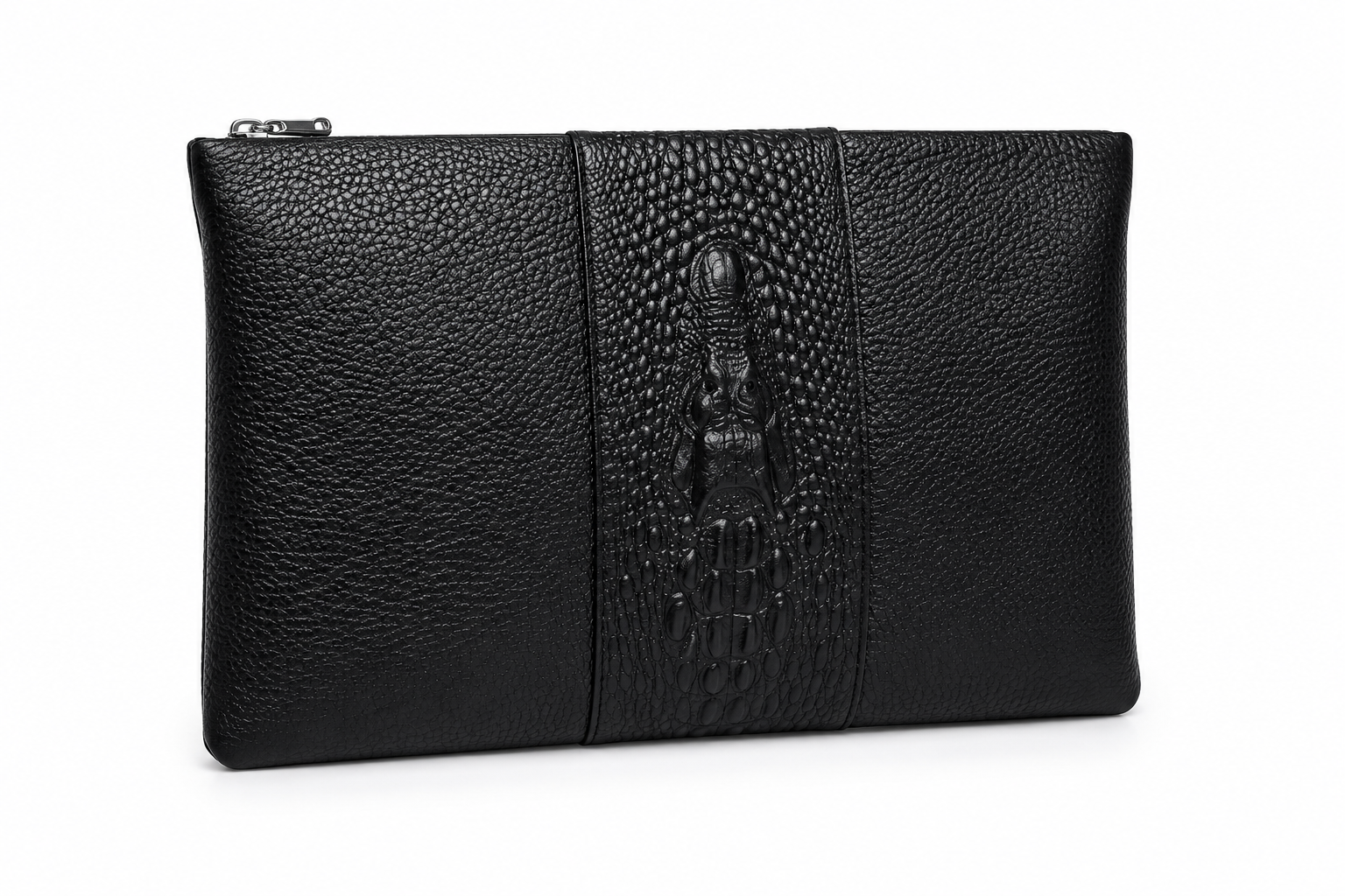 The Milano crocodile-embossed leather zip clutch in black