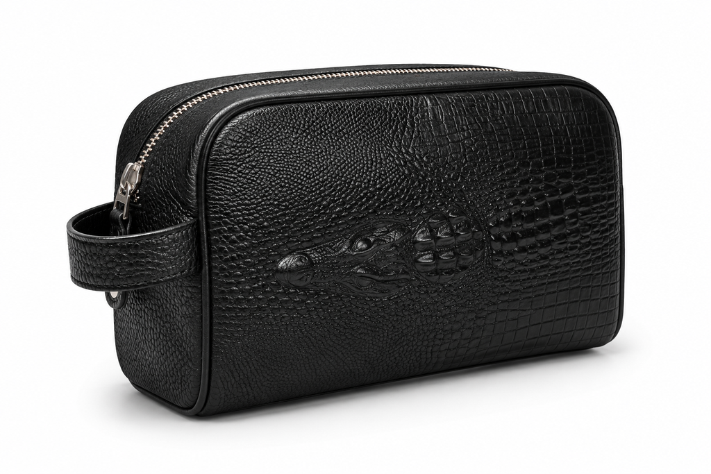 The Roma crocodile-embossed leather dopp kit and travel toiletry bag in black