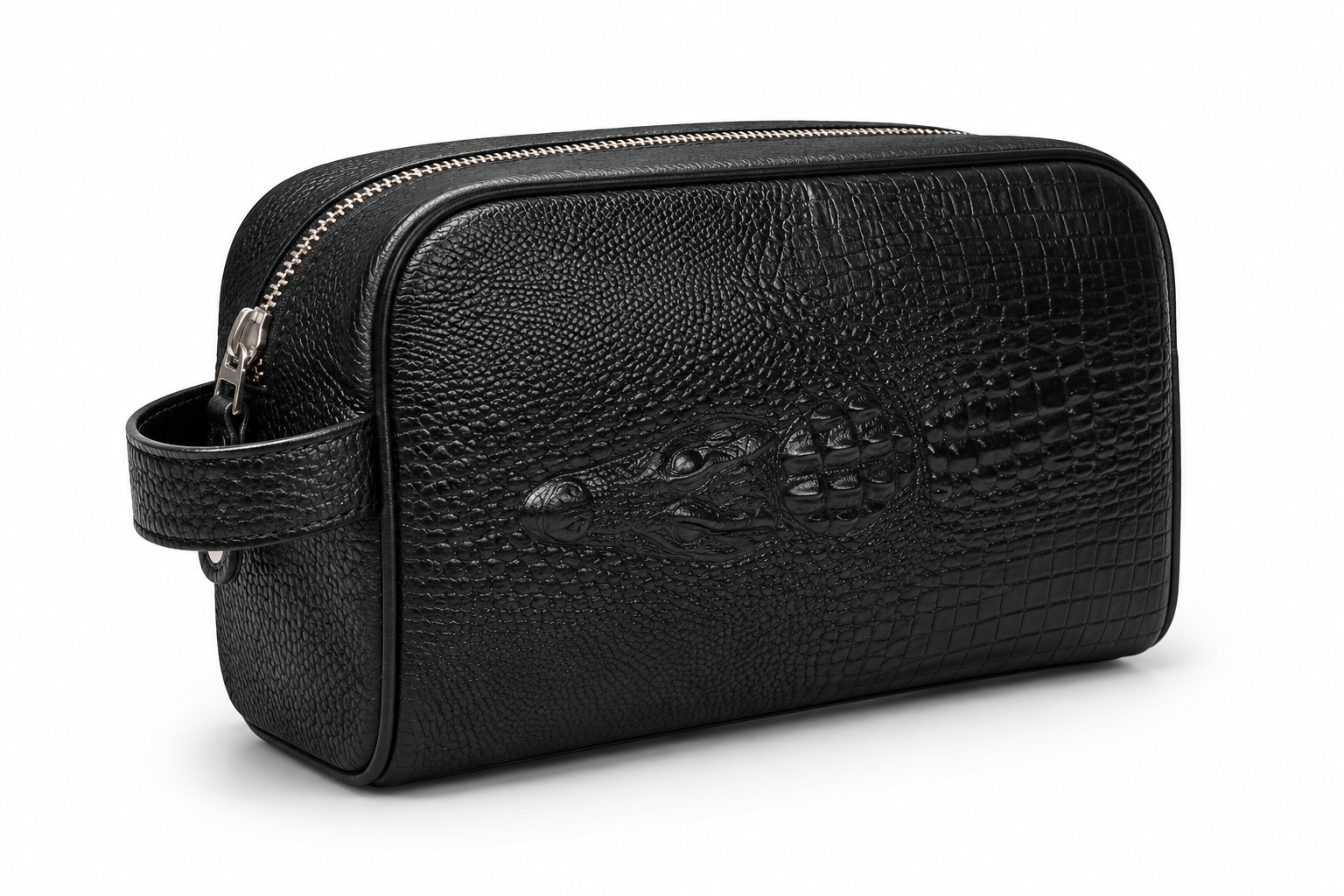 The Roma crocodile-embossed leather dopp kit and travel toiletry bag in black