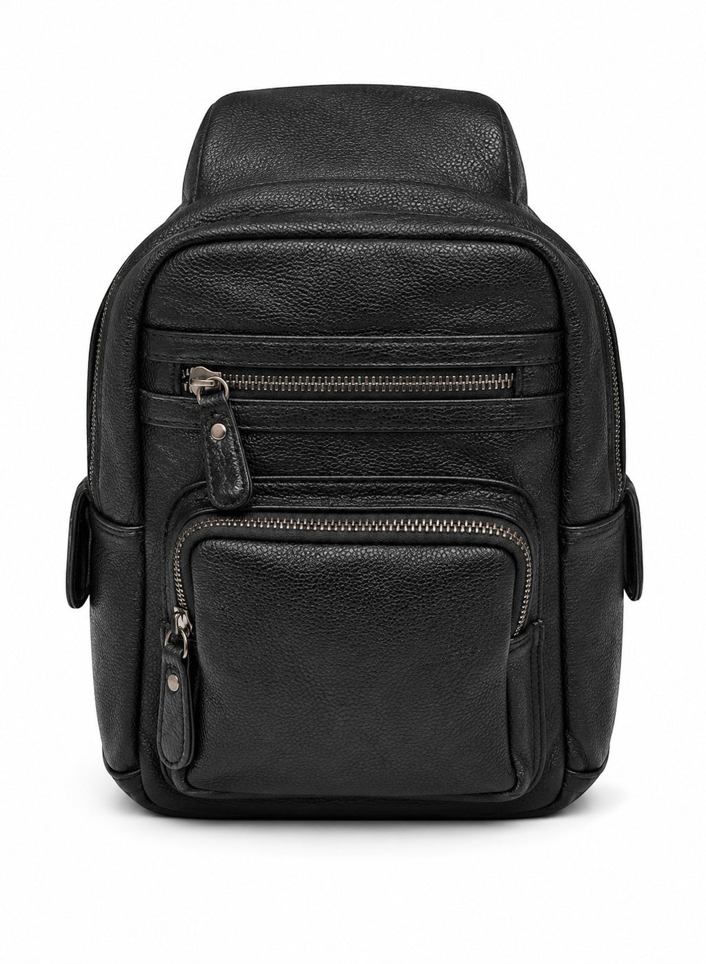 Barutti Bags & Accessories Amalfi black distressed full-grain leather sling backpack with brass zippers.