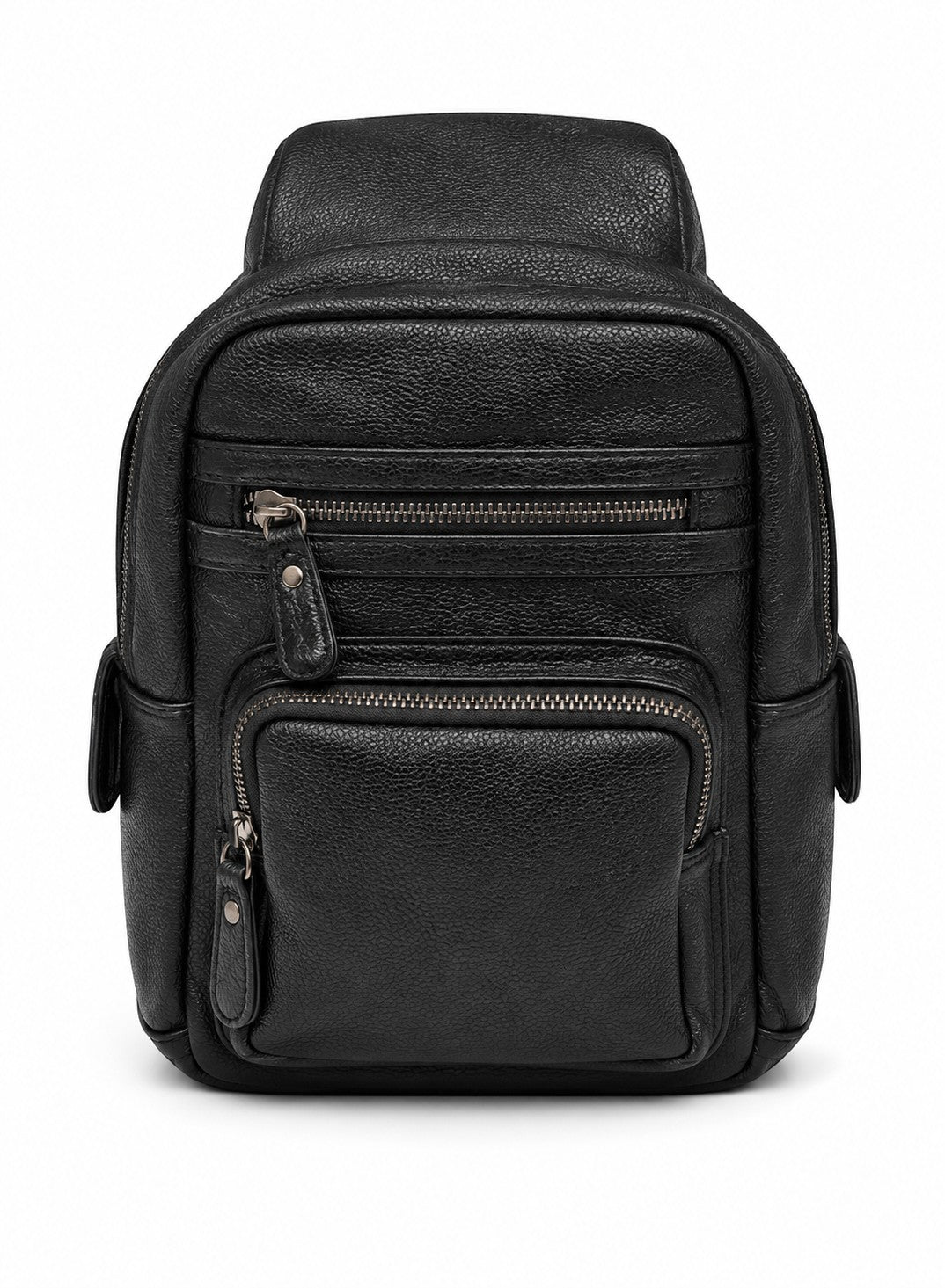 Barutti Bags & Accessories Amalfi black distressed full-grain leather sling backpack with brass zippers.
