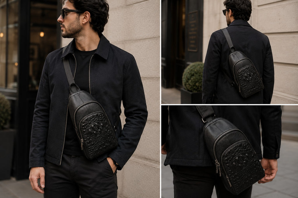 Man wearing a black Barutti Bags & Accessories leather sling bag with crocodile-embossed front panel and brass zips.