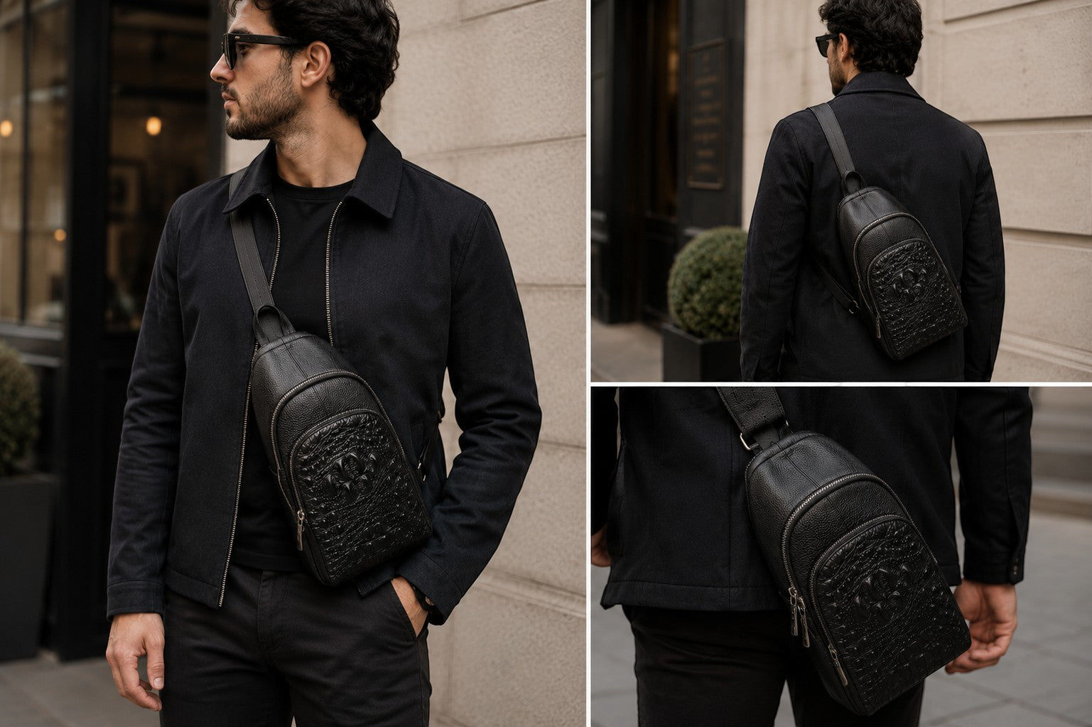 Man wearing a black Barutti Bags & Accessories leather sling bag with crocodile-embossed front panel and brass zips.