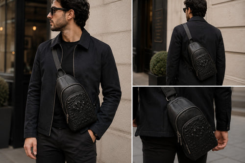 Man wearing a black Barutti Bags & Accessories leather sling bag with crocodile-embossed front panel and brass zips.