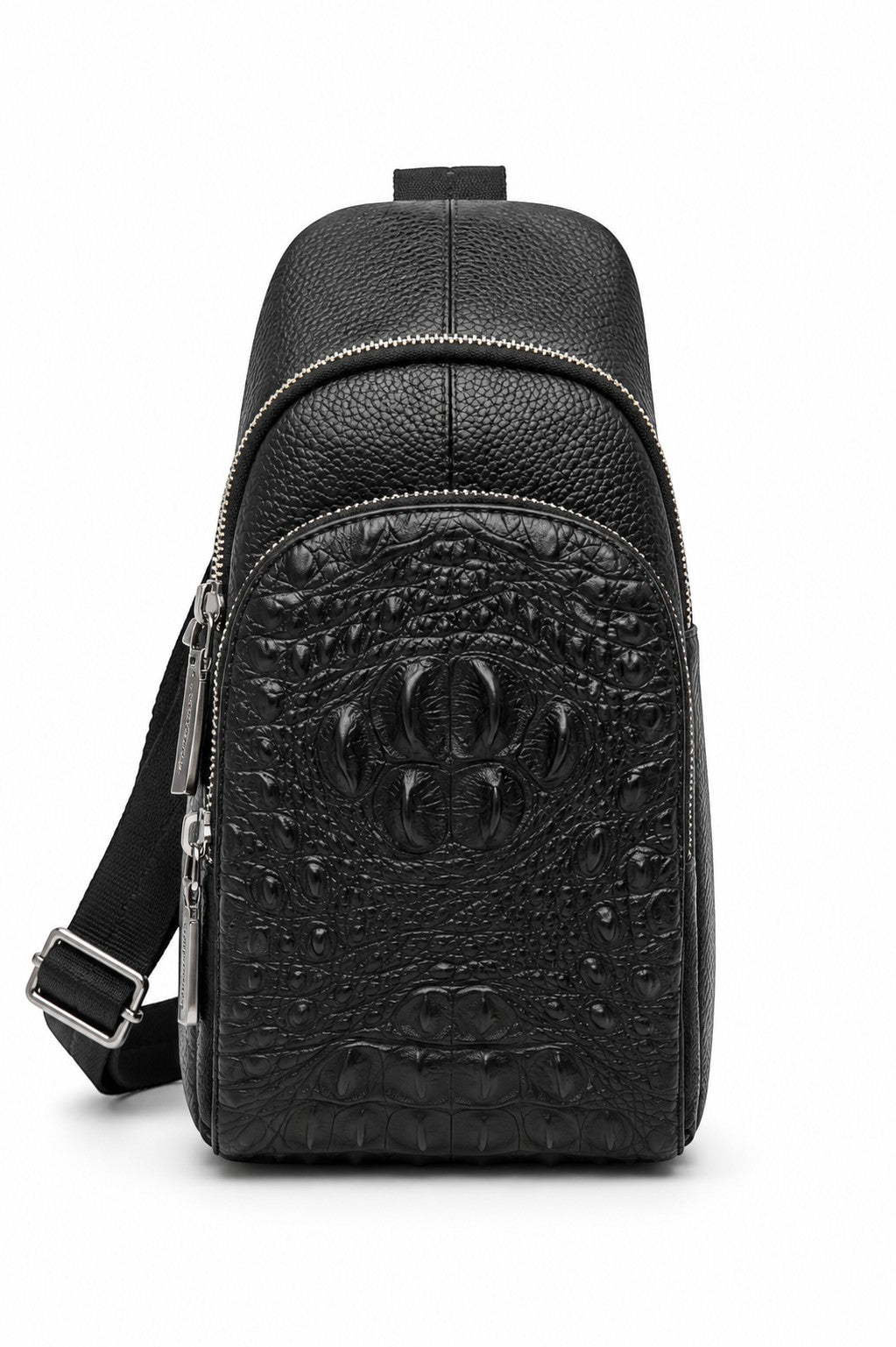 Barutti Bags & Accessories Bergamo black leather sling bag with crocodile-embossed front panel and adjustable strap.