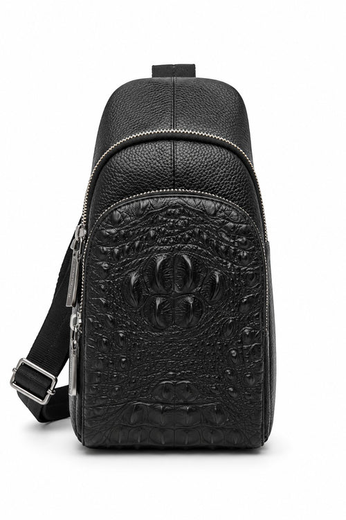 Barutti Bags & Accessories Bergamo black leather sling bag with crocodile-embossed front panel and adjustable strap.