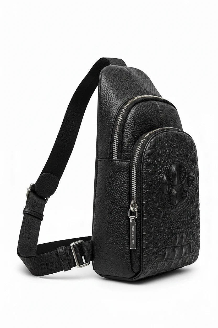 Barutti Bags & Accessories Bergamo black leather sling bag with crocodile-embossed front and adjustable strap.