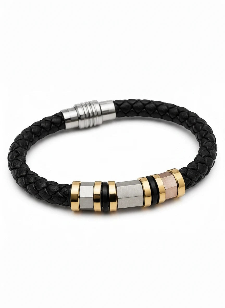 Barutti Bags & Accessories black braided leather bracelet with brushed stainless steel and gold-tone metal accents.