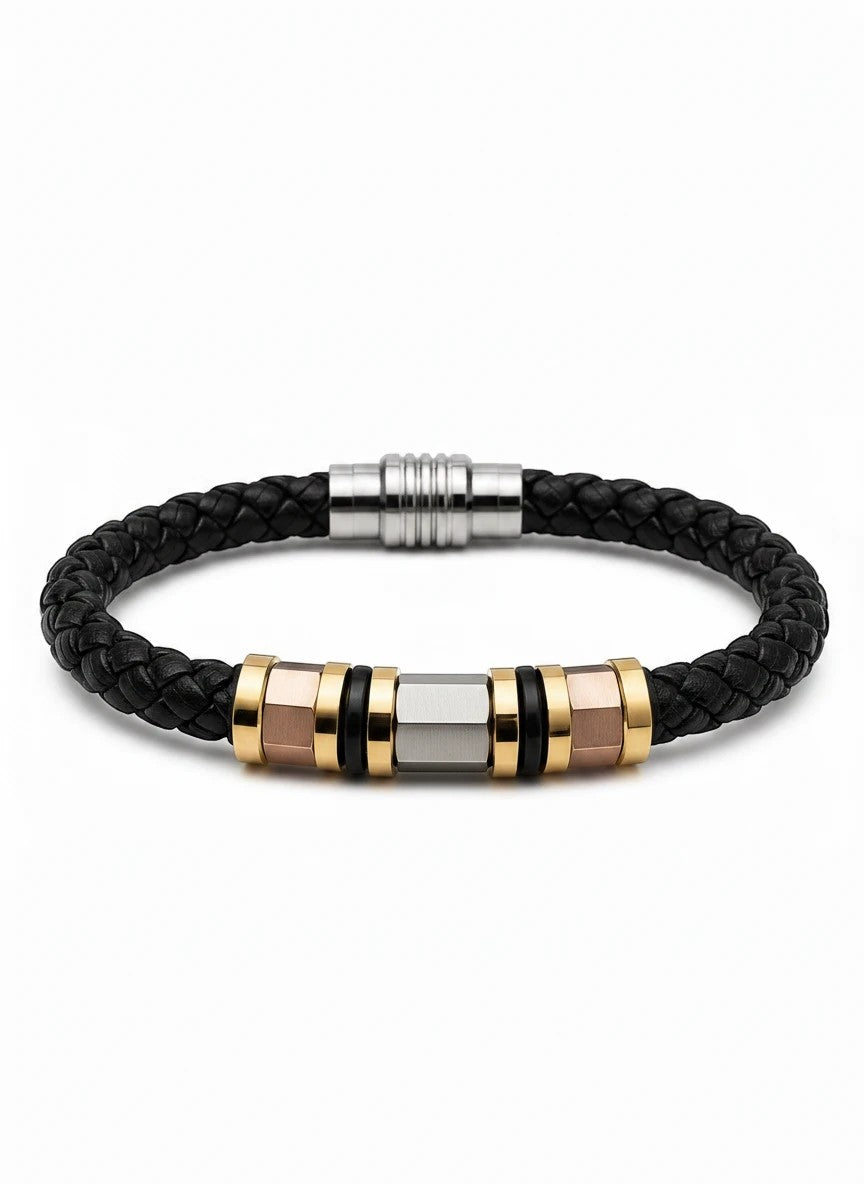 Barutti Bags & Accessories black braided leather bracelet with brushed stainless steel and gold-tone metal accents.