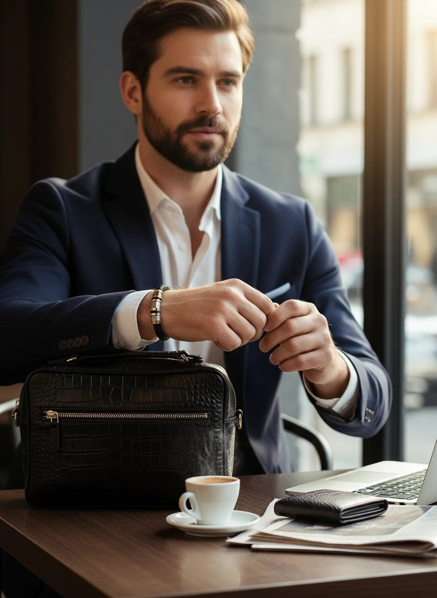 Man in a suit wearing a Barutti Bags & Accessories black braided leather bracelet with gold and steel accents.