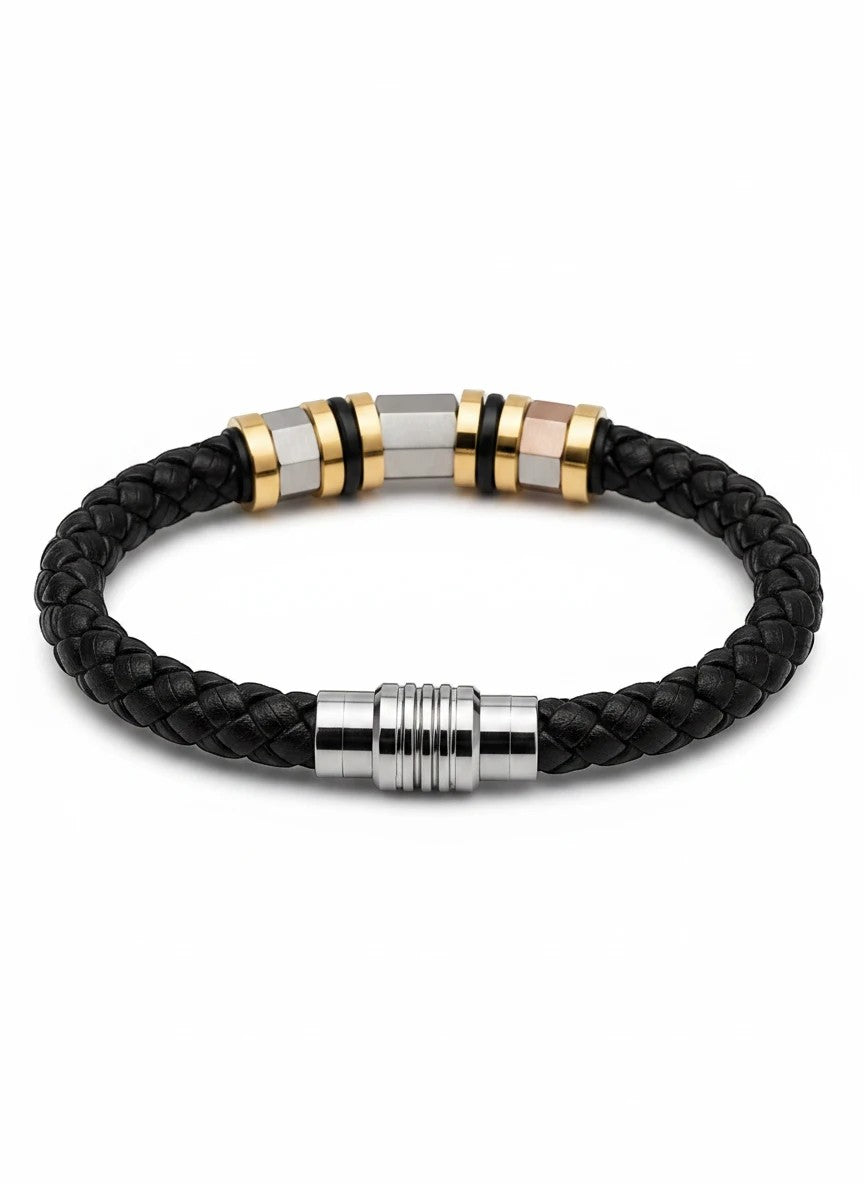 Barutti Bags & Accessories black braided leather bracelet with brushed stainless steel and gold-tone metal accents.