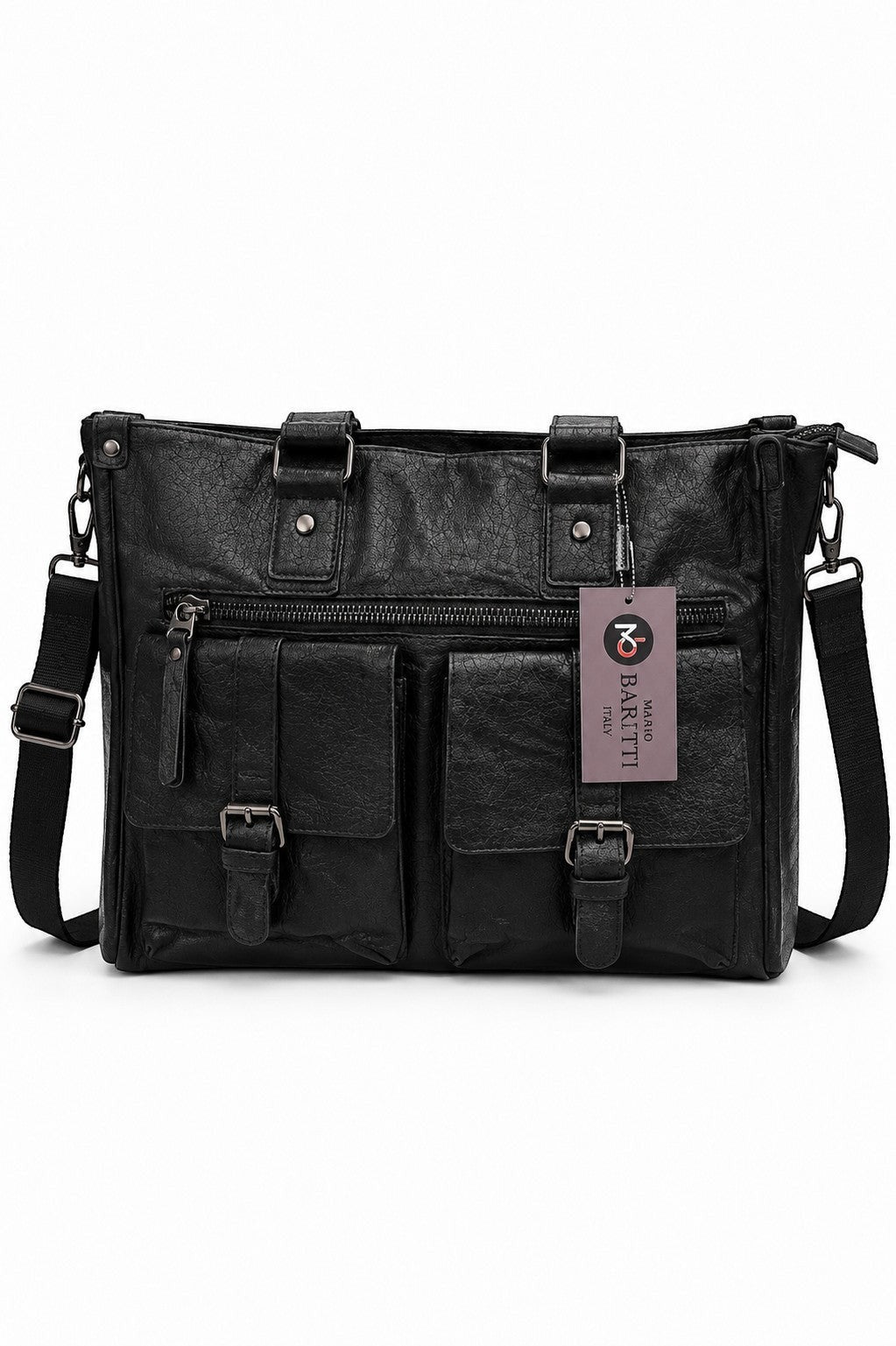 Barutti Bags & Accessories Brescia black full-grain leather holdall bag with dual front pockets and shoulder strap.