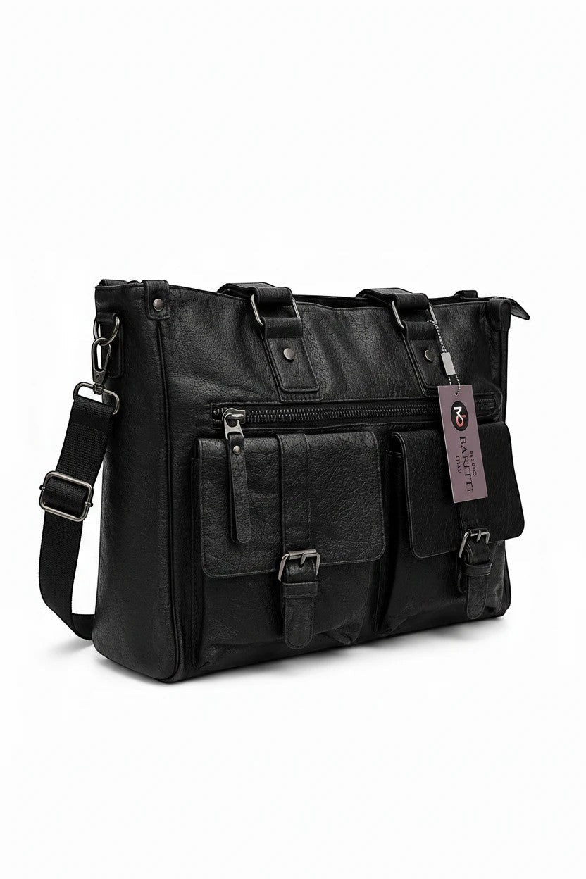 Barutti Bags & Accessories The Brescia black full-grain leather holdall bag with dual pockets and shoulder strap.