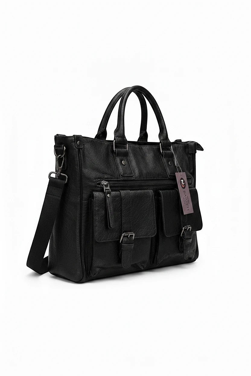 Barutti Bags & Accessories black full-grain leather holdall bag with dual handles, shoulder strap, and front pockets.