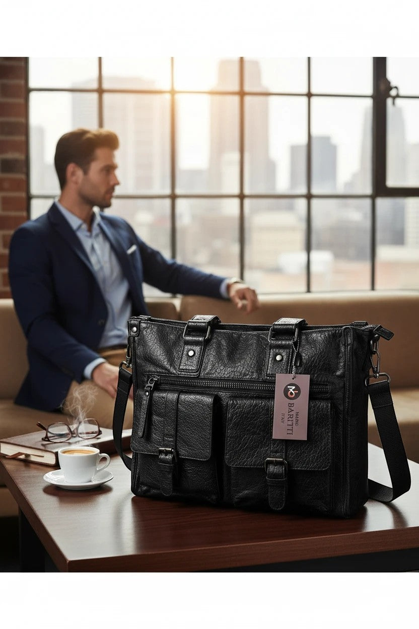 Barutti Bags & Accessories Brescia black full-grain leather holdall bag with front pockets on a table near a man.