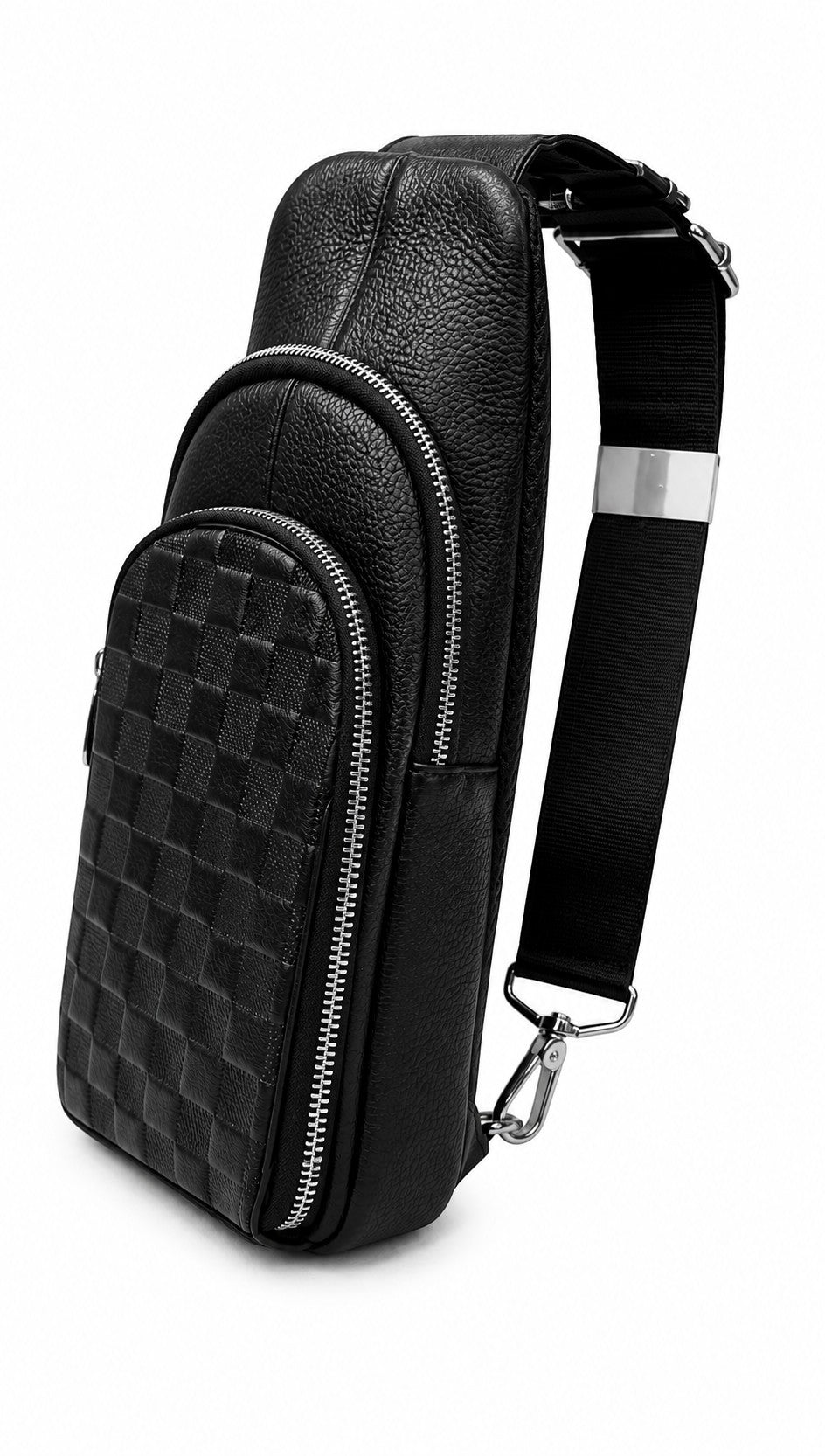 Barutti Bags & Accessories The Capri black leather chest sling with woven basket-texture panel and adjustable strap.
