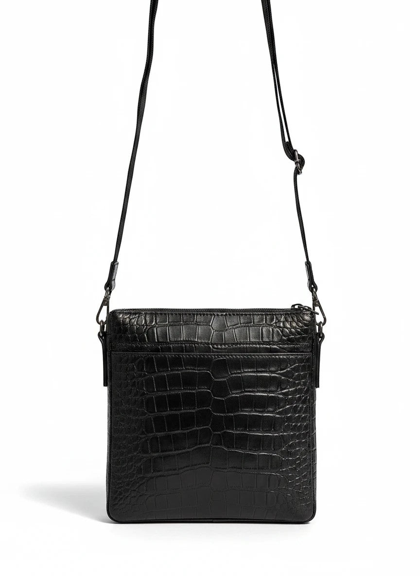 Barutti Bags & Accessories black leather crossbody bag with crocodile-embossed front panel and adjustable strap.