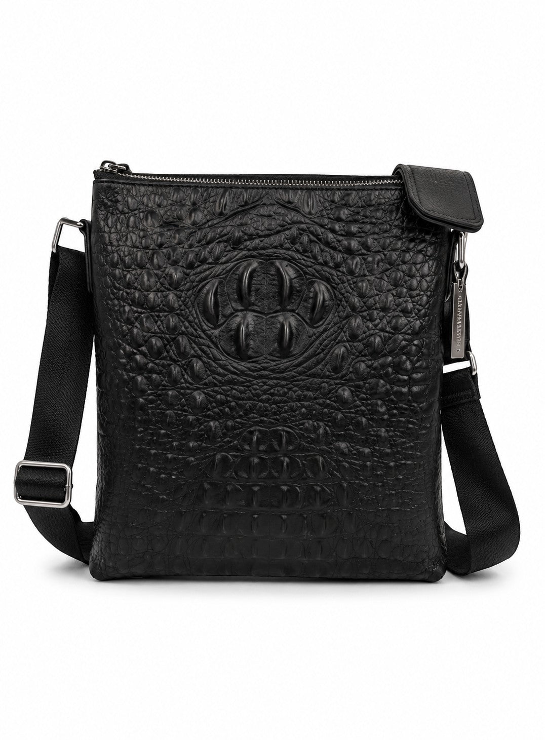 Barutti Bags & Accessories black leather crossbody bag with crocodile-embossed front panel and adjustable strap.