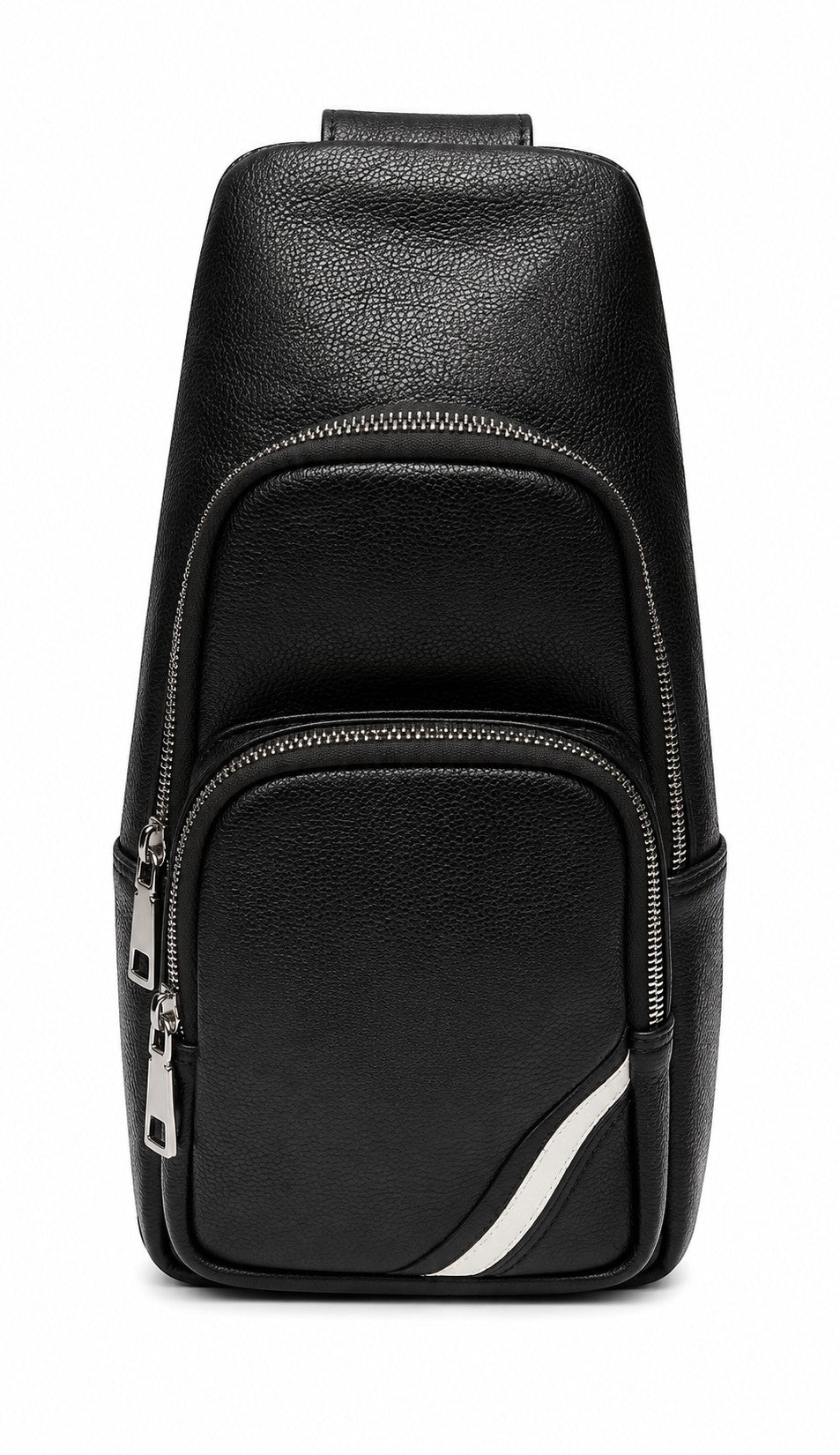 Barutti Bags & Accessories The Como black pebbled leather chest sling with brass zippers and slim body-hugging design.