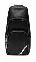 Barutti Bags & Accessories The Como black pebbled leather chest sling with brass zippers and slim body-hugging design.