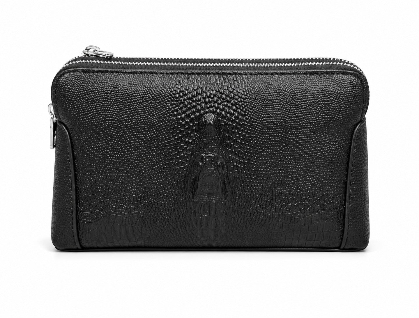Barutti Bags & Accessories Firenze black crocodile-embossed full-grain leather travel wallet with dual brass zippers.