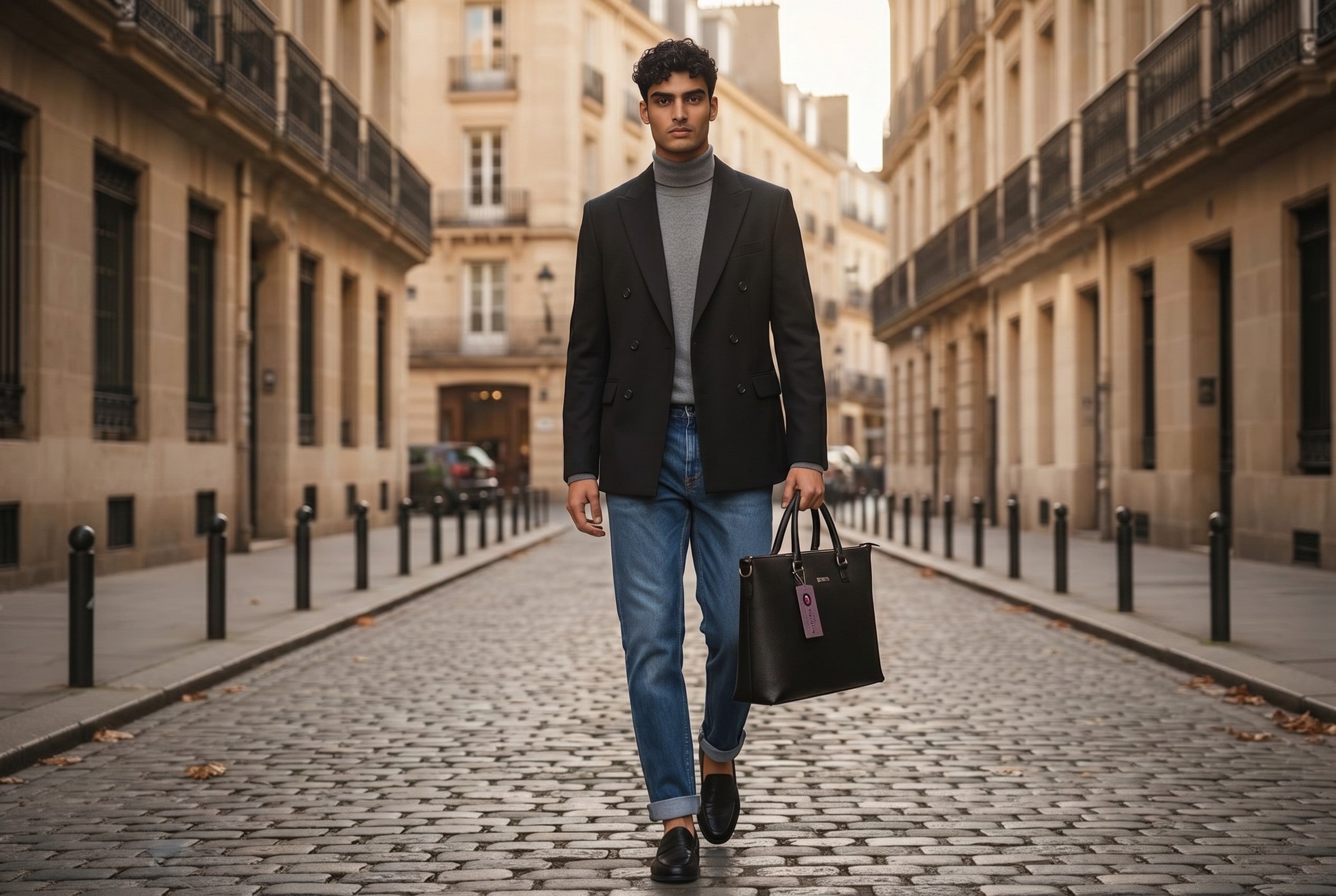 Man in blazer walking on cobblestone street carrying a Barutti Bags & Accessories Genova full-grain leather briefcase
