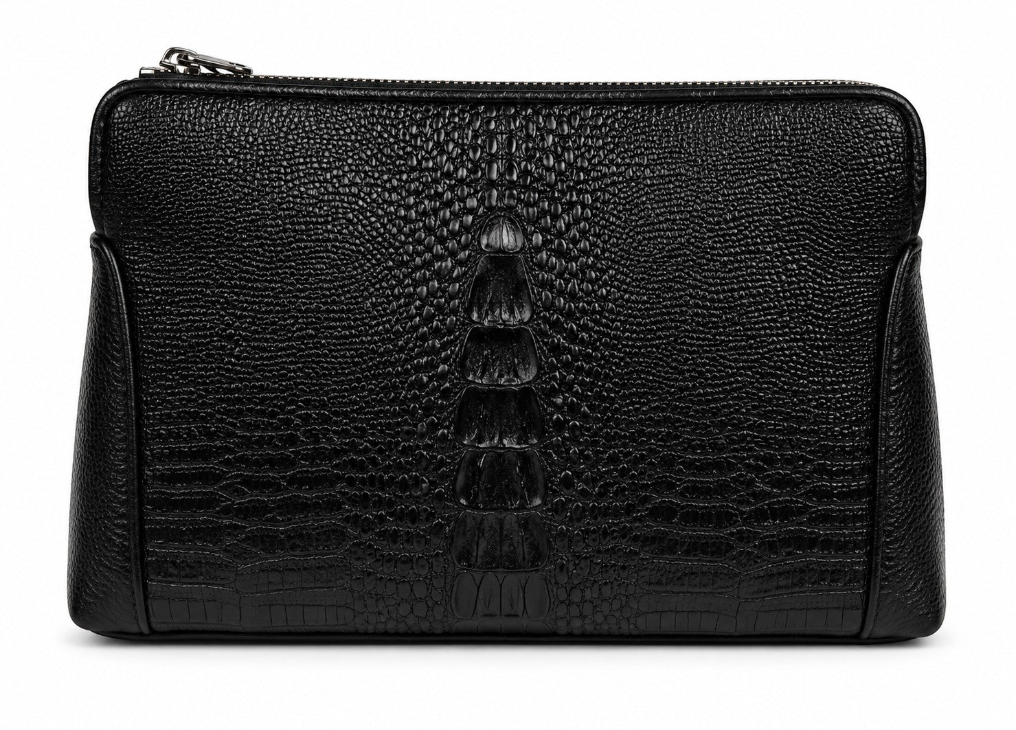 Barutti Bags & Accessories The Lecco black crocodile-embossed leather zip clutch with brass zipper and wrist loop.