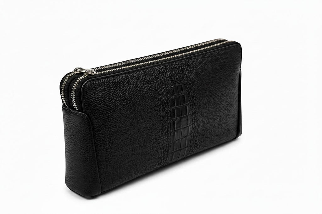 Barutti Bags & Accessories The Lecco black crocodile-embossed leather zip clutch with dual brass zippers.