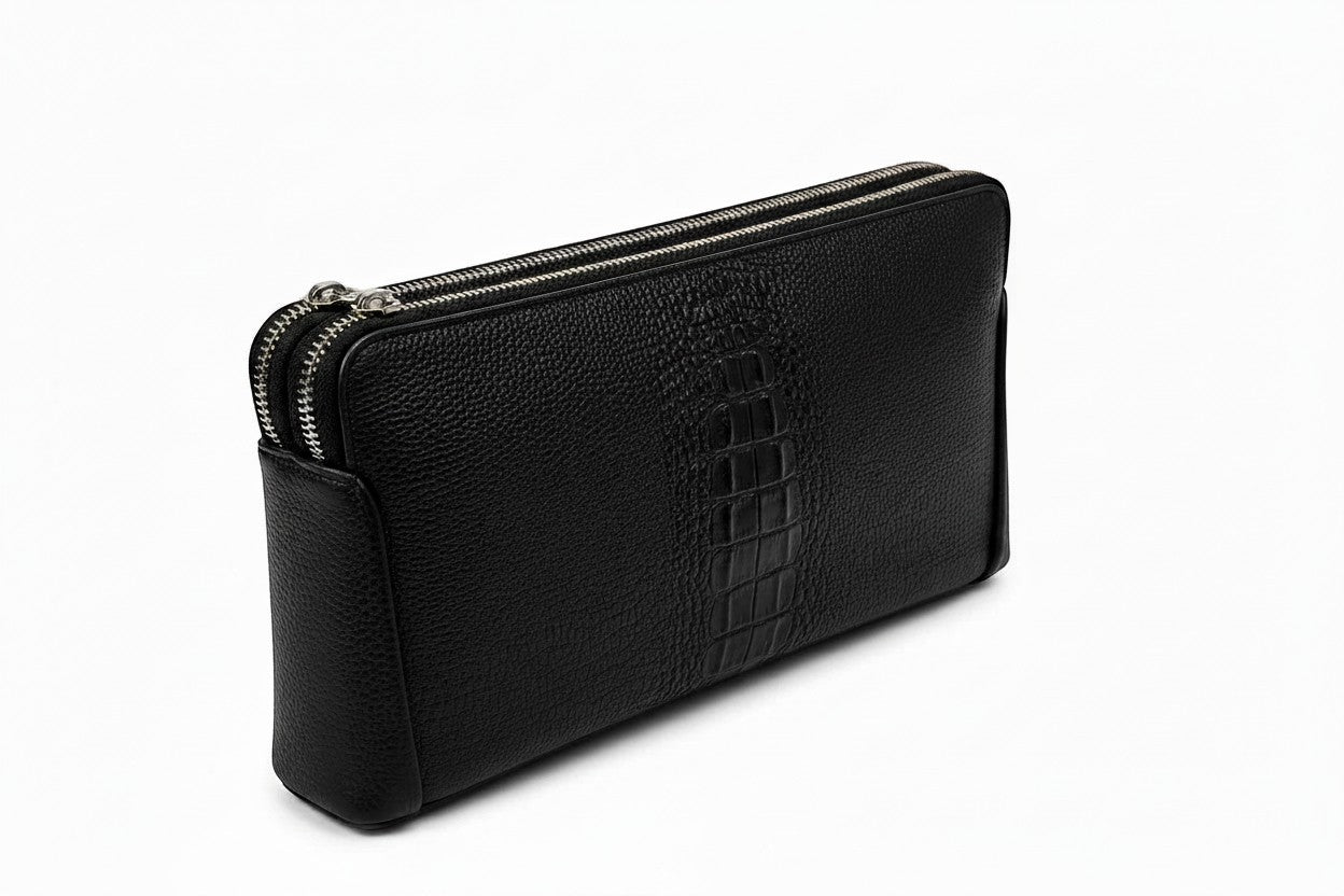 Barutti Bags & Accessories The Lecco black crocodile-embossed leather zip clutch with dual brass zippers.