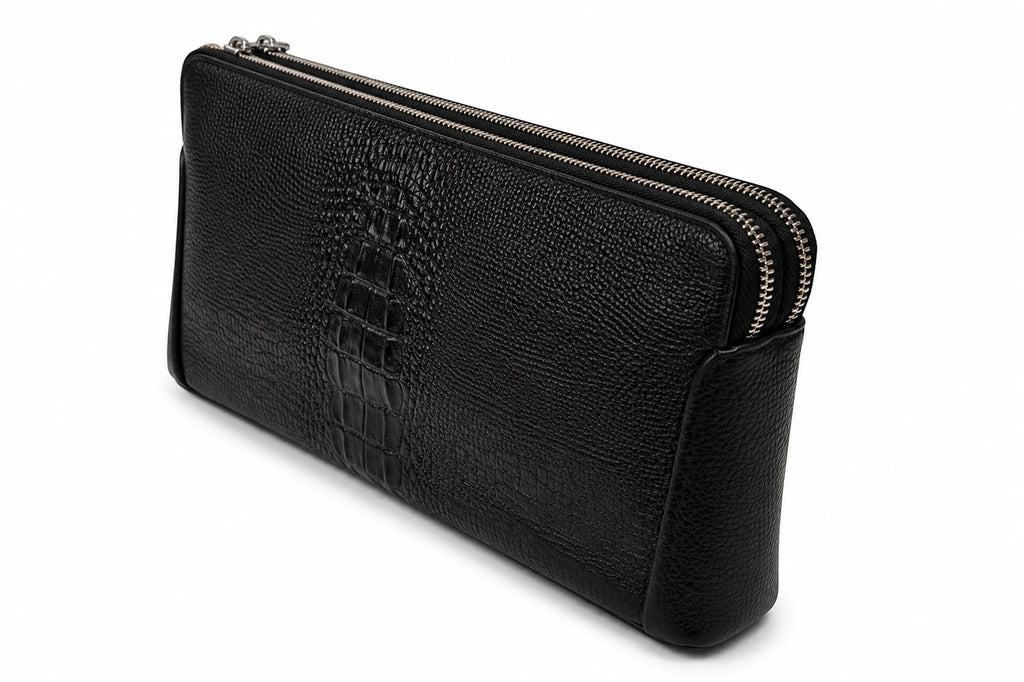 Barutti Bags & Accessories The Lecco black crocodile-embossed leather zip clutch with dual brass zippers.