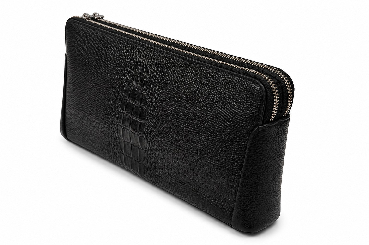 Barutti Bags & Accessories The Lecco black crocodile-embossed leather zip clutch with dual brass zippers.