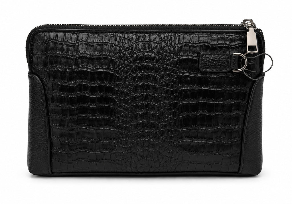 Barutti Bags & Accessories The Lecco black crocodile-embossed full-grain leather zip clutch with brass hardware.