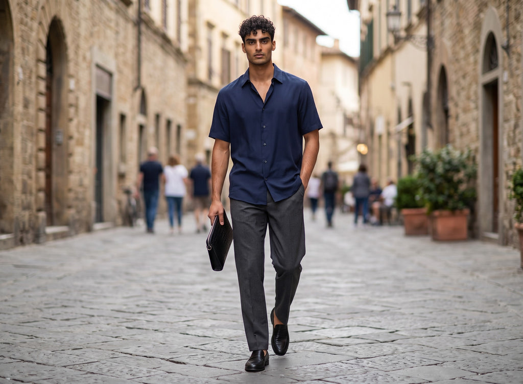 Man walking in a city street carrying a Barutti Bags & Accessories The Lecco black croc-embossed leather zip clutch.